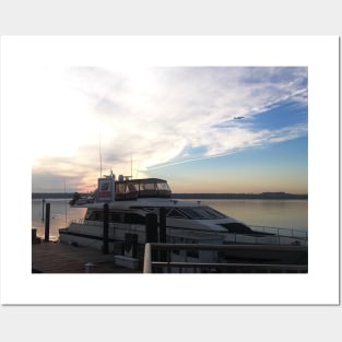 Sunset by the ocean city in USA photography design boat Posters and Art